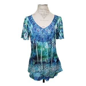 One World Live & Let Live Tie Dye Multi Color Short Sleeve V Neck Blouse Shirt